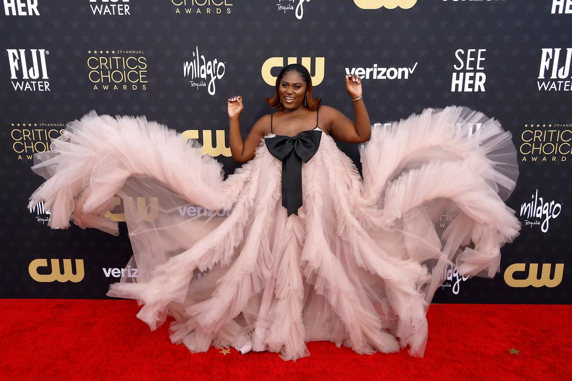 "The Color Purple" star Danielle Brooks wore a voluminous organza gown, by Monsoori, with a playful statement bow.