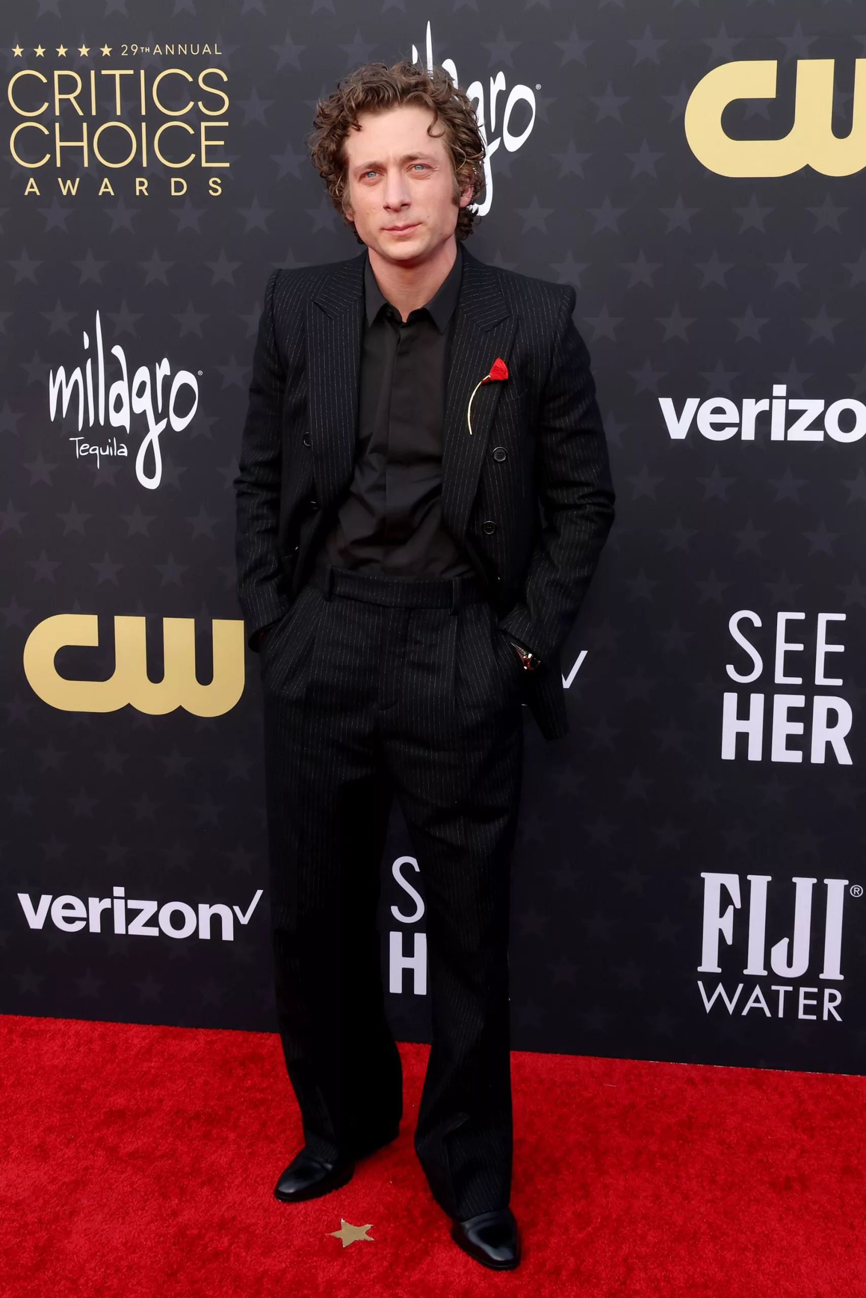 “The Bear” star Jeremy Allen White wore a pinstripe Saint Laurent suit, accessorized with a rose-shaped Tiffany & Co. brooch.
